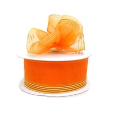 .875 Inch Orange Organza Pull Bow Ribbon With 4 Rows of Gold Stripe Accents, 7/8 Inch x 25 Yards (Lot of 1 Spool) SALE ITEM
